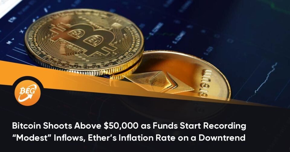 Bitcoin Shoots Above $50,000 as Funds Launch Recording “Modest” Inflows, Ether’s Inflation Payment on a Downtrend
