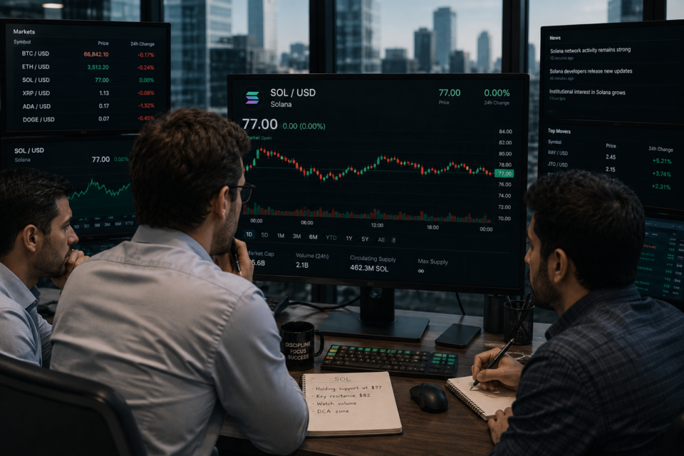 SOL holds $77 as ETF inflows and bullish derivatives signal extra upside